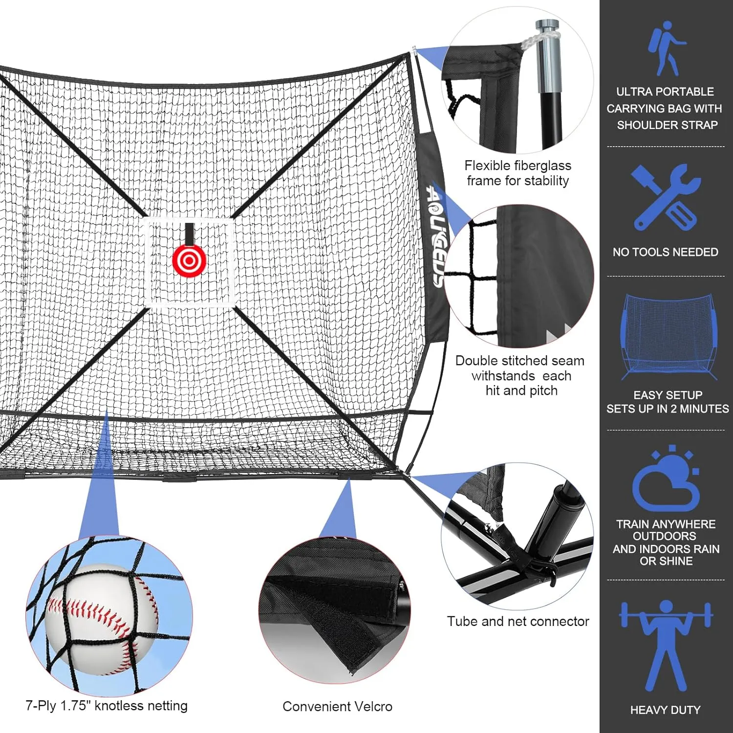 6'X6' Baseball Softball Practice Net with Batting Tee, Bonus Strike Zone Target and Bow Frame, for Hitting, Pitching, Catching