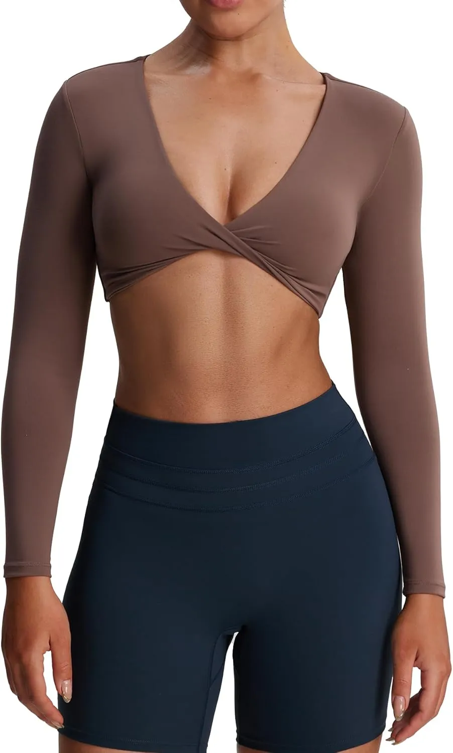 Aoxjox Long Sleeve Crop Tops for Women Sienna Twist Deep V Workout Cropped T Shirt Top