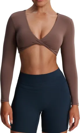 Aoxjox Long Sleeve Crop Tops for Women Sienna Twist Deep V Workout Cropped T Shirt Top