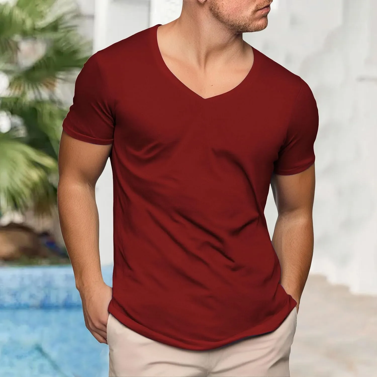 Casual Short Sleeve Shirts for Mens Deep V Neck T Shirts Muscle Slim Fit Tee Low Cut Stylish Tops