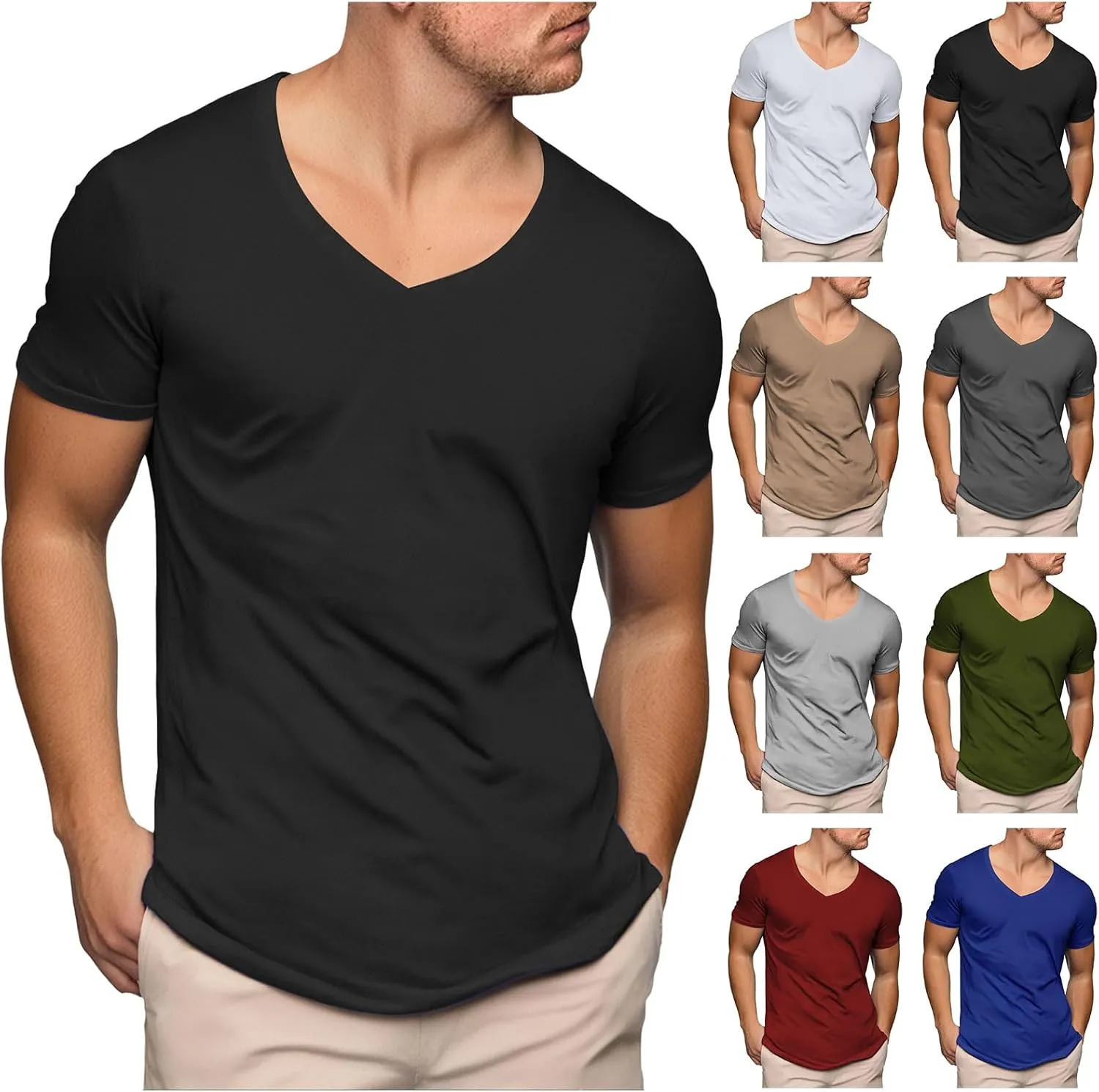 Casual Short Sleeve Shirts for Mens Deep V Neck T Shirts Muscle Slim Fit Tee Low Cut Stylish Tops