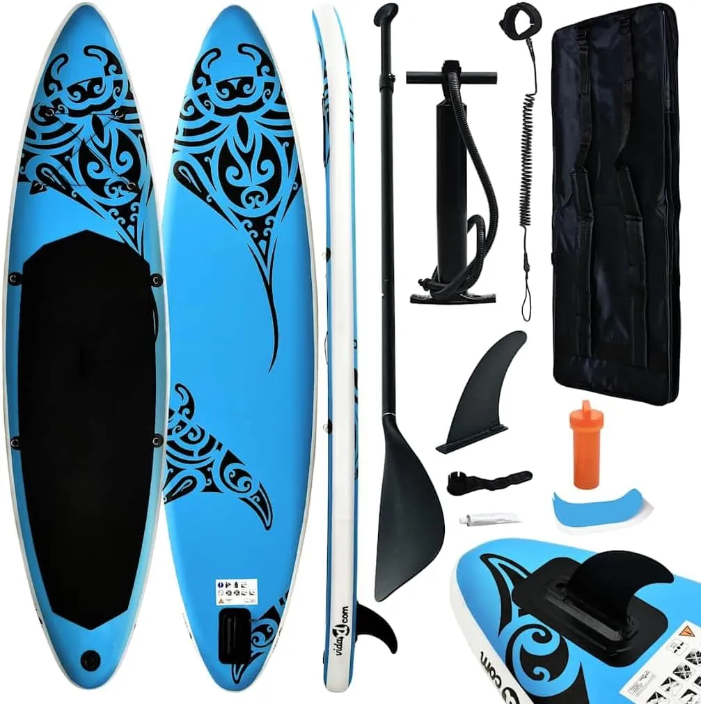 Inflatable Stand Up Paddleboard Set 144.1"x29.9"x5.9" Blue,Sporting Goods,Outdoor Recreation,Boating & Water Sports,Surfing,Paddleboards,92739