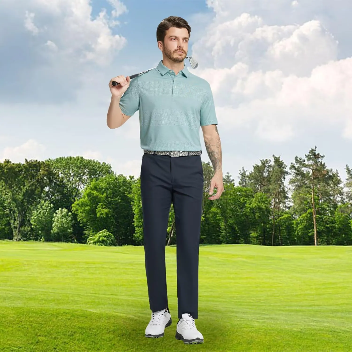 M MAELREG Mens Polo Shirts Short Sleeve Dry Fit Jacquard Performance Moisture Wicking Casual Pocket Golf Shirts for Men