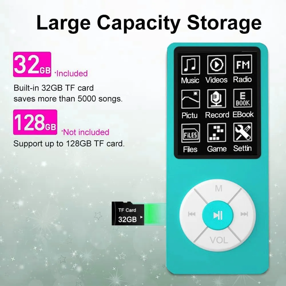 MP3 Player with 32GB TF Card,Built-in HD Speaker,Portable HiFi Music Player with Video/Voice Recorder/FM Radio/Photo Viewer/E-Book Player for Kids