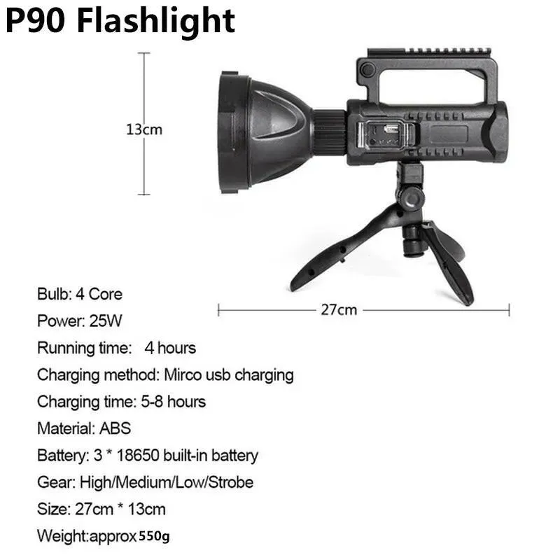 NEW P90 Portable Powerful LED Flashlight Handheld Searchlight USB Rechargeable Spotlight Waterproof Torch Work Light Outdoor