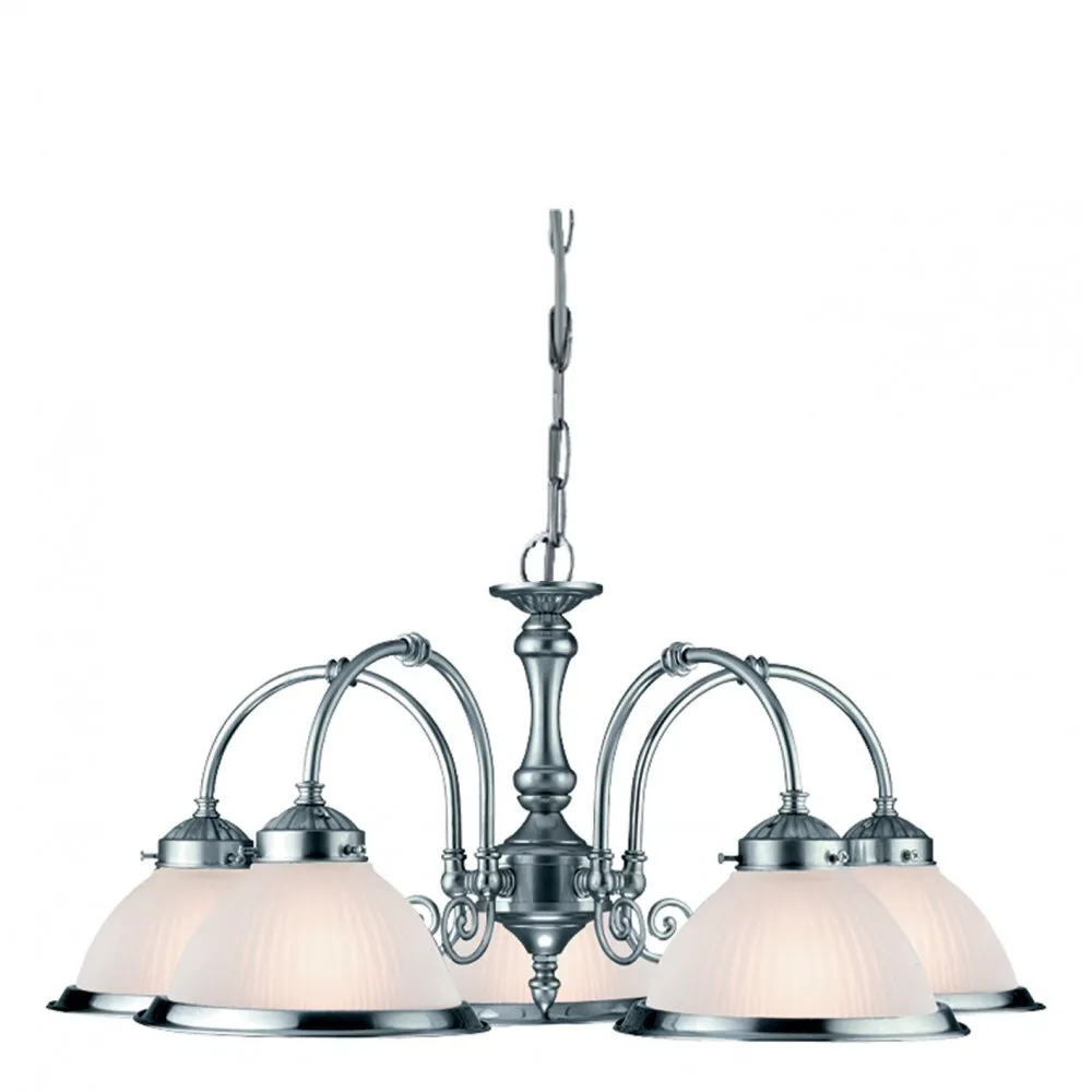 Searchlight 1045-5 American Diner - 5 Light Ceiling Satin Silver Acid Glass