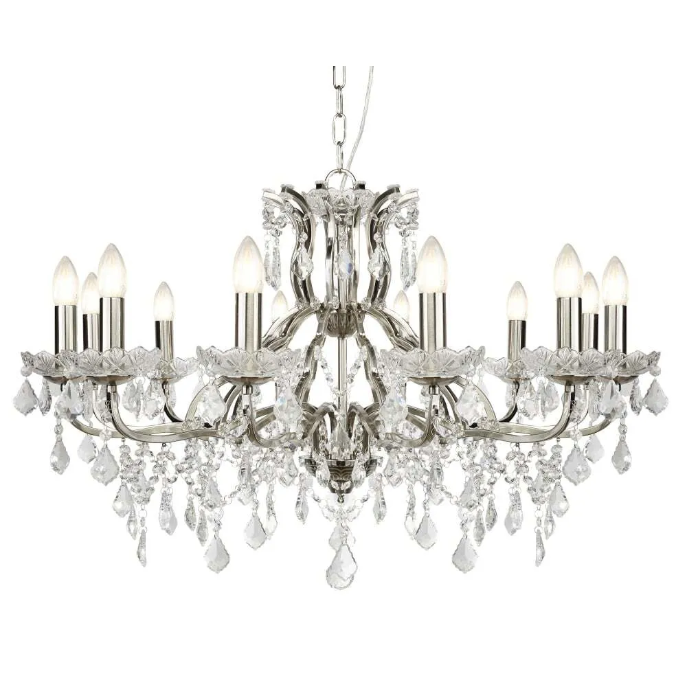 Searchlight 87312-12SS Paris 12 Light Chandelier Clear Crystal Drops & Trim Satin Silver