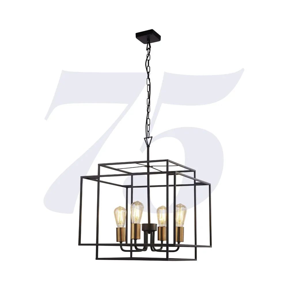 Searchlight Lighting 4634BK Crate 4 Light Black Frame Pendant Bronze Lampholders