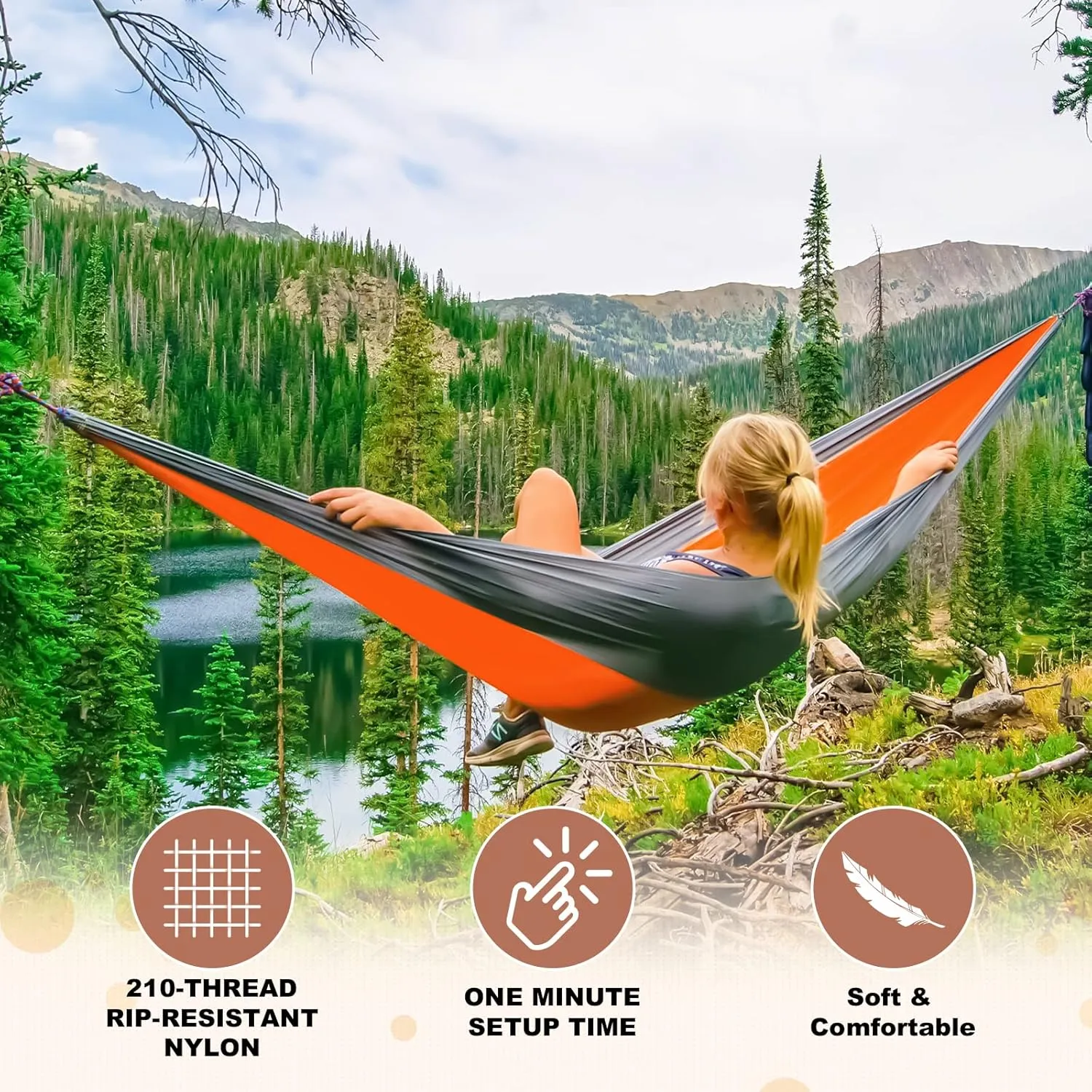 SZHLUX Camping Hammock Double & Single Portable Hammocks with 2 Tree Straps, Great for Hiking,Backpacking,Hunting,Outdoor,Beach,Camping,Orange / Grey