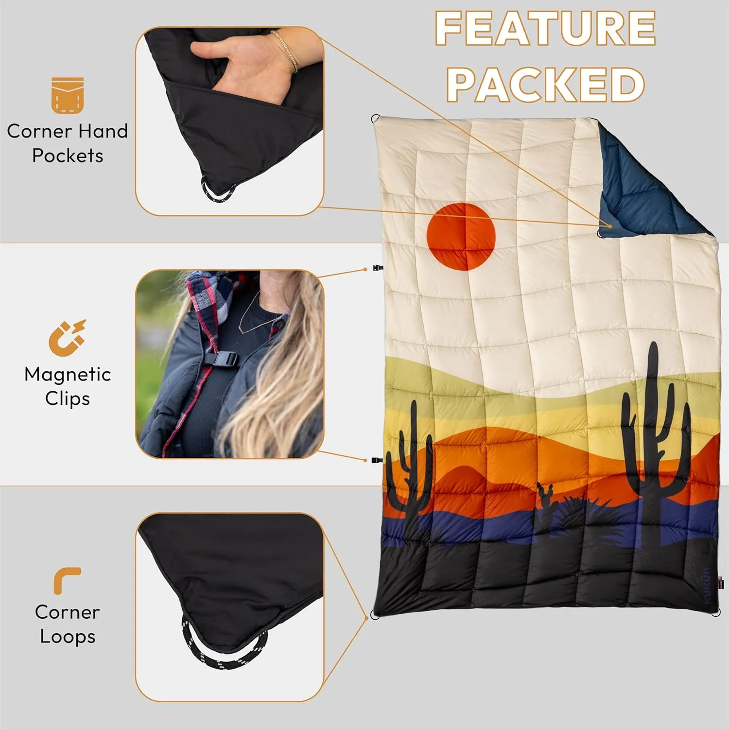 Versatile Packable Outdoor Camping Blanket, Puffy Blanket, Primaloft Insulation, Warm, Durable, Lightweight, Waterproof, Oversize, Beach, Stadium, and More! 55"x80" (Desert)
