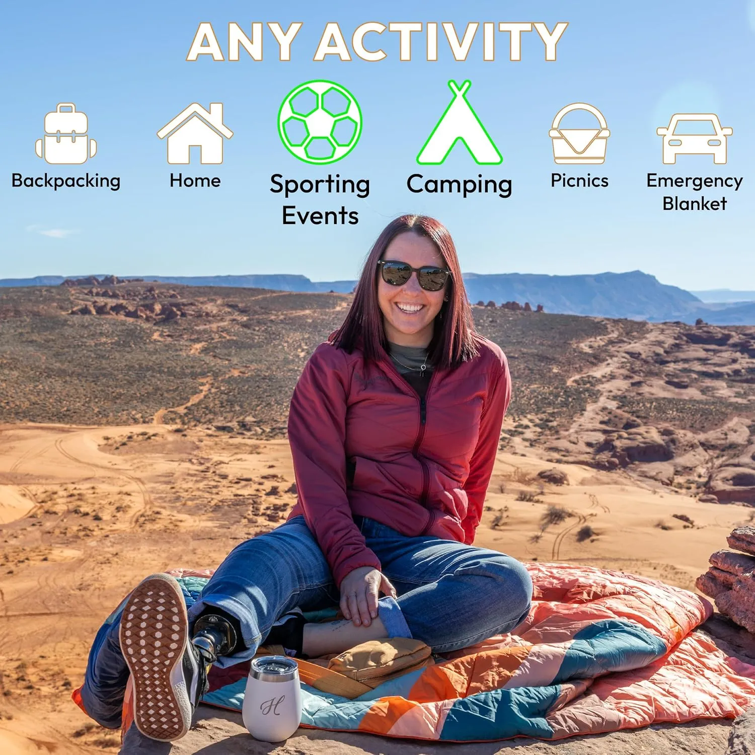 Versatile Packable Outdoor Camping Blanket, Puffy Blanket, Primaloft Insulation, Warm, Durable, Lightweight, Waterproof, Oversize, Beach, Stadium, and More! 55"x80" (Desert)