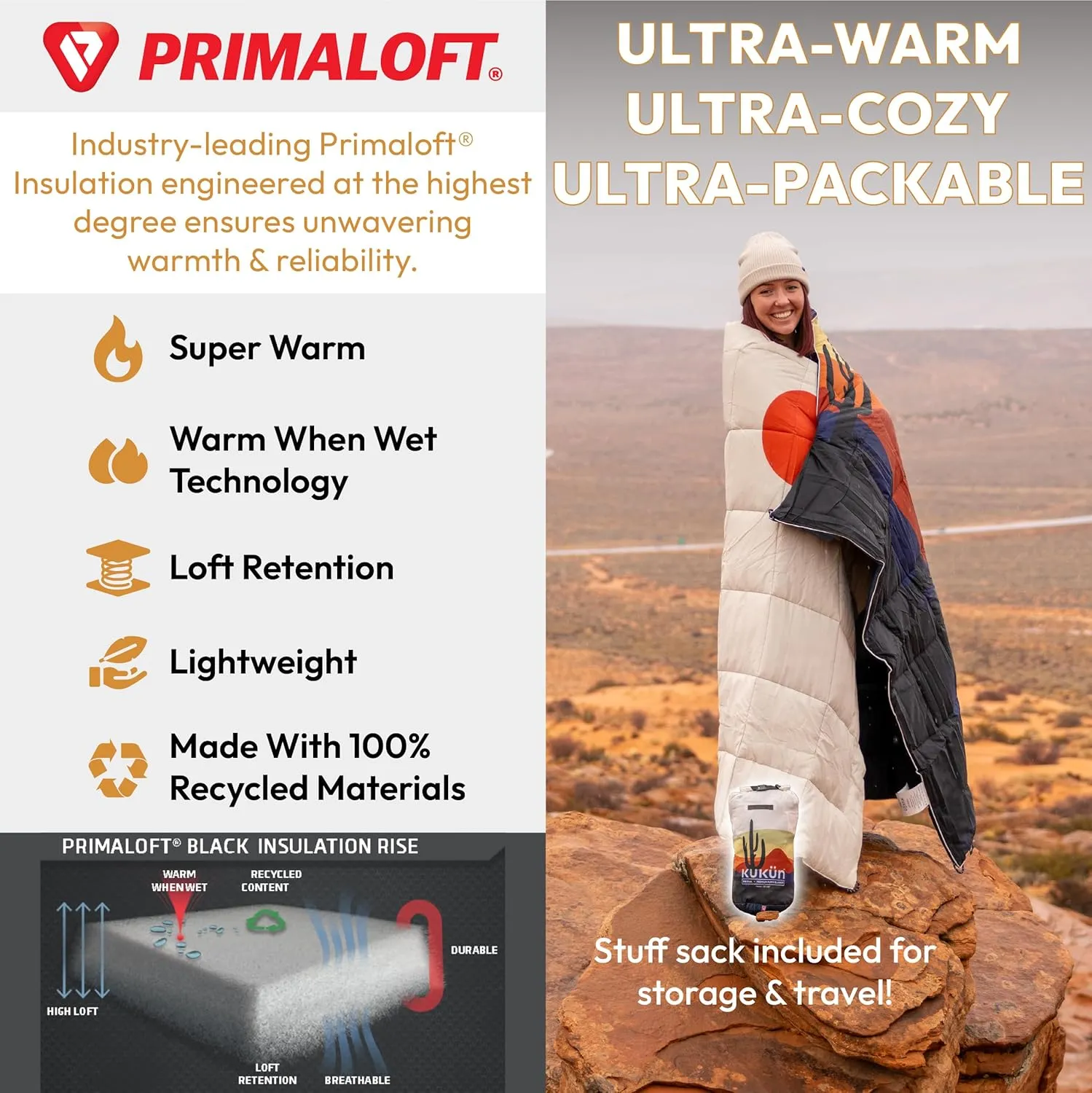 Versatile Packable Outdoor Camping Blanket, Puffy Blanket, Primaloft Insulation, Warm, Durable, Lightweight, Waterproof, Oversize, Beach, Stadium, and More! 55"x80" (Desert)