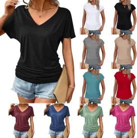 Womens Summer Blouses 2025 Solid Short Sleeve V Neck Casual Loose Fit Shirts Basic Comfy Breathable Trendy Tops