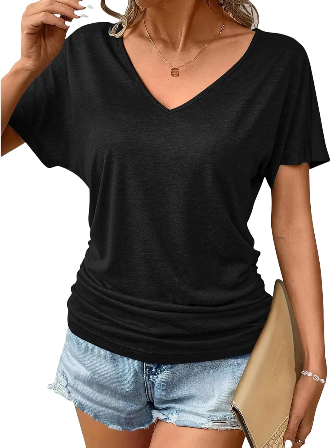 Womens Summer Blouses 2025 Solid Short Sleeve V Neck Casual Loose Fit Shirts Basic Comfy Breathable Trendy Tops