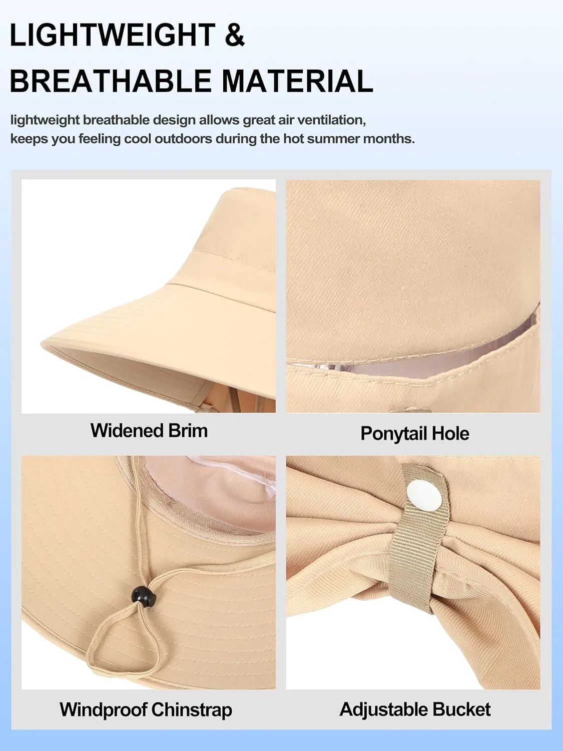 Womens Sun Hat Wide Brim with Ponytail Hole Neck Flap Outdoor UV Protection Foldable Fishing Cap UPF 50 