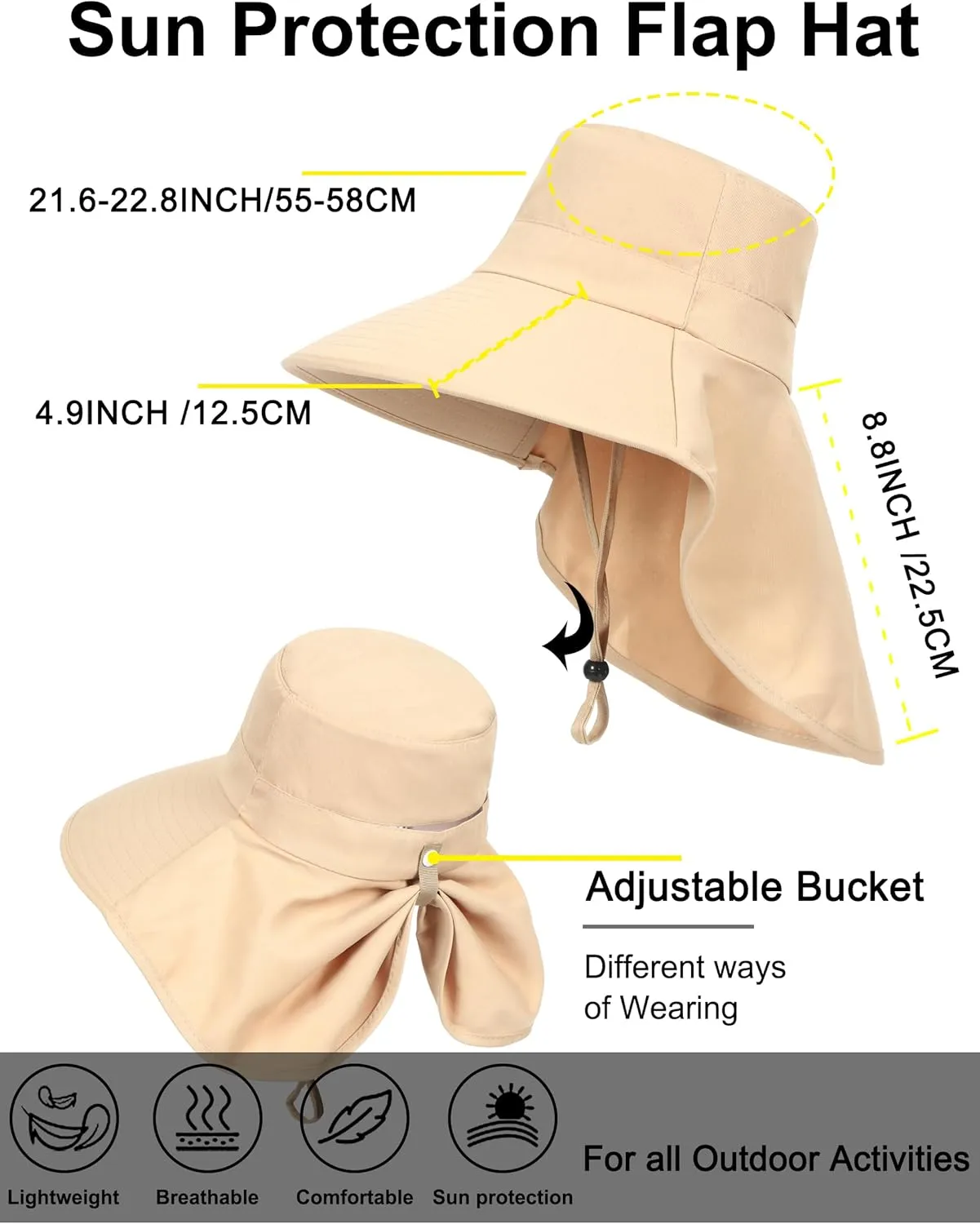 Womens Sun Hat Wide Brim with Ponytail Hole Neck Flap Outdoor UV Protection Foldable Fishing Cap UPF 50 
