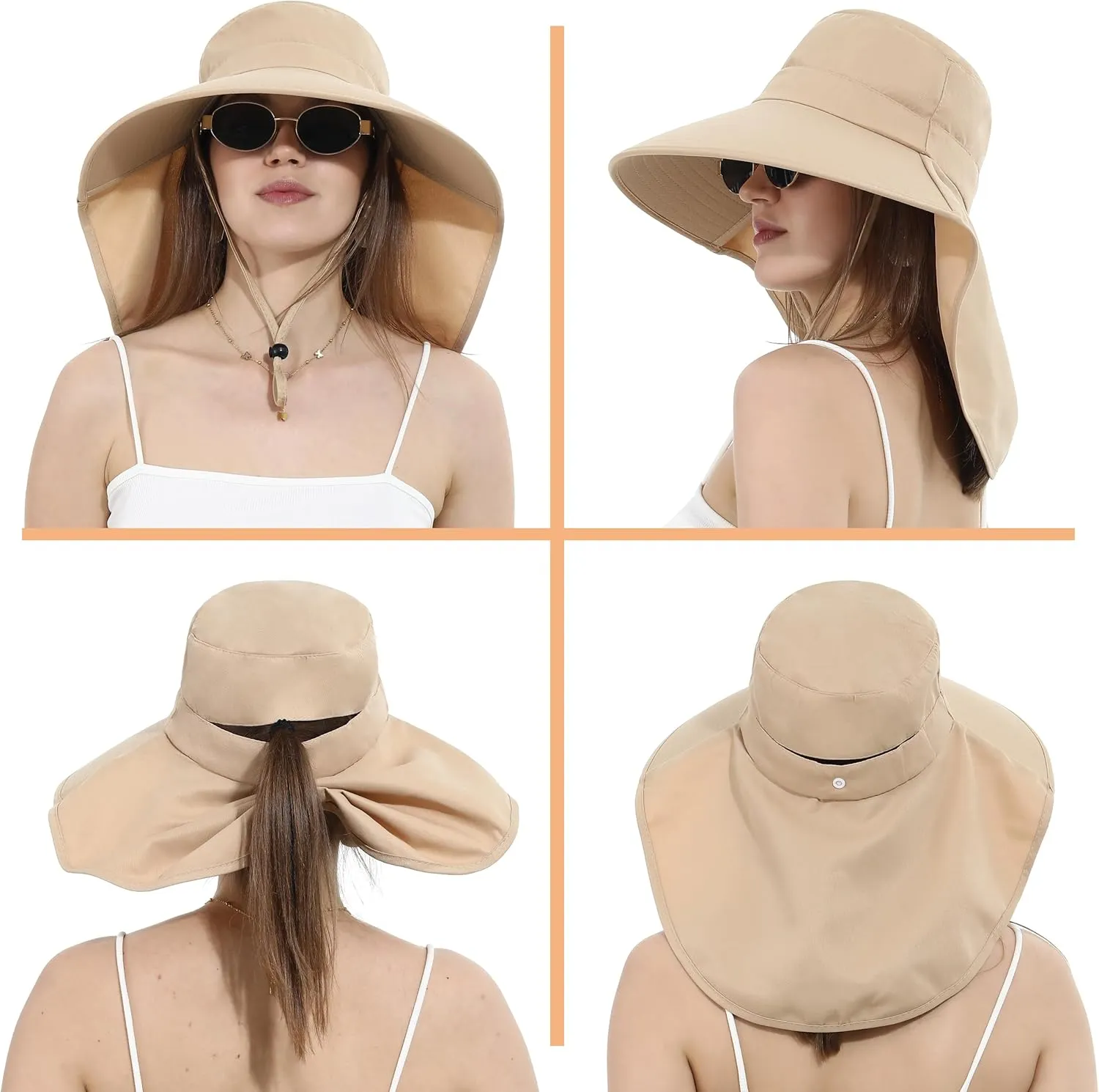 Womens Sun Hat Wide Brim with Ponytail Hole Neck Flap Outdoor UV Protection Foldable Fishing Cap UPF 50 