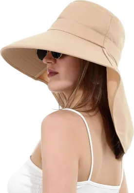 Womens Sun Hat Wide Brim with Ponytail Hole Neck Flap Outdoor UV Protection Foldable Fishing Cap UPF 50 