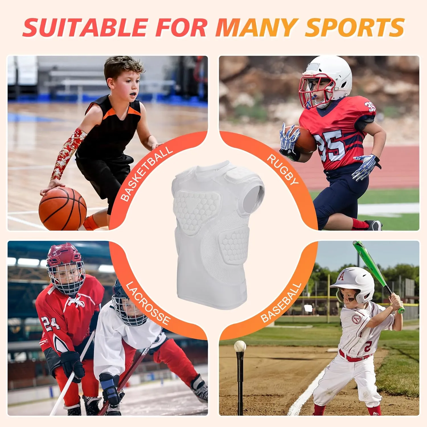 Youth Football Padded Shirt, Chest Rib Protector, Compression Padded Vest with 5-Pad for Sports Paintball Football Baseball Lacrosse