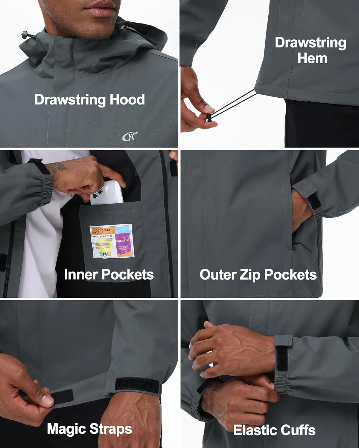 YuKaiChen Mens Rain Jacket Waterproof Hooded Windbreaker Jacket Lightweight Outdoor Hiking Shell Coat